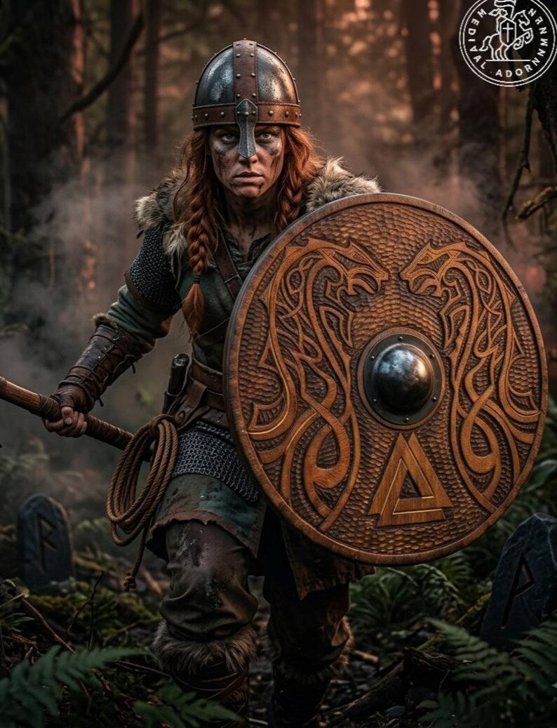 Hand Carved Wooden Viking Shield, Norse Knotwork Medieval Wall Decor, Cosplay LARP Warrior Accessory