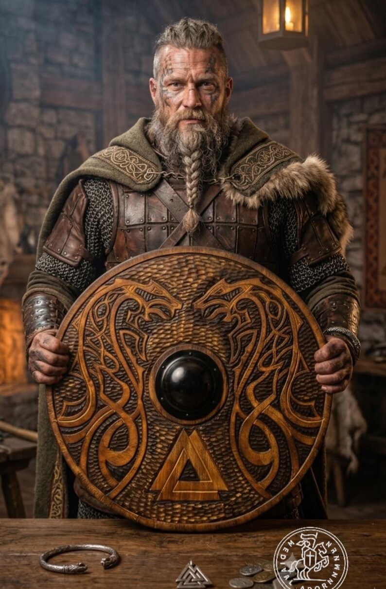 Hand Carved Wooden Viking Shield, Norse Knotwork Medieval Wall Decor, Cosplay LARP Warrior Accessory