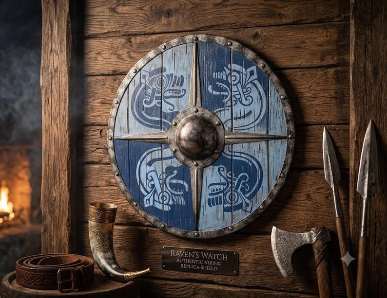Handcrafted Viking Raven Shield, Round Wooden Norse Warrior Wall Decor