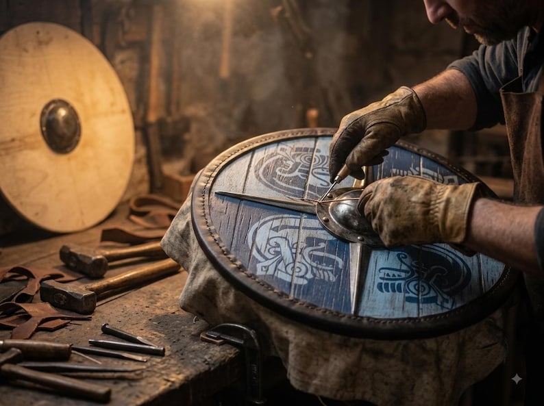 Handcrafted Viking Raven Shield, Round Wooden Norse Warrior Wall Decor