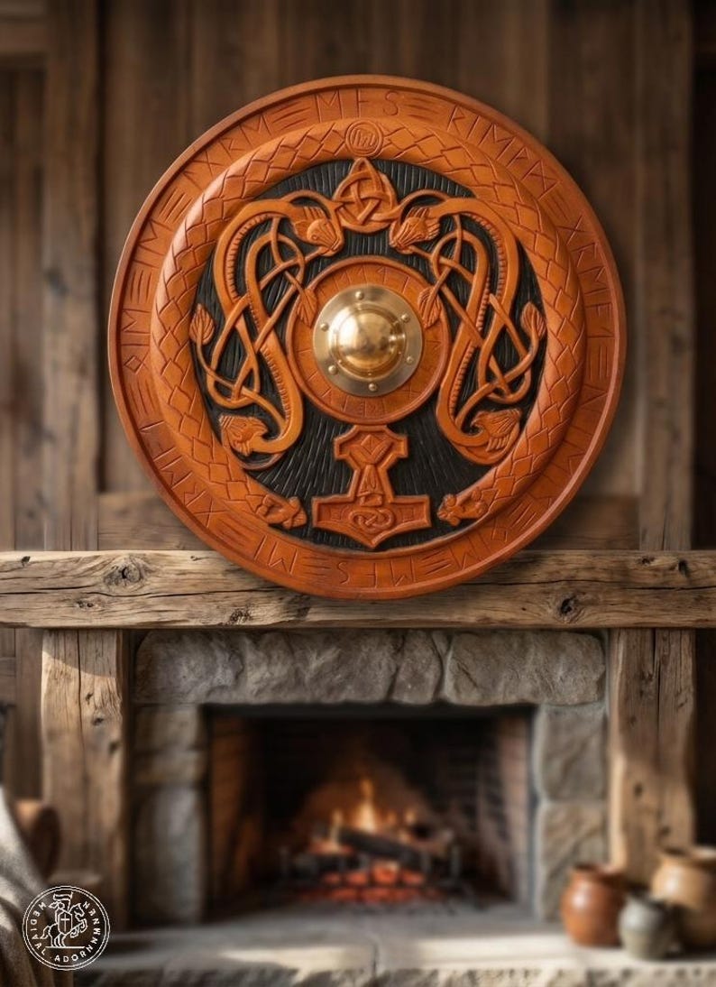 Handmade Viking Shield with Mjolnir & Runes – Wooden Norse Wall Decor