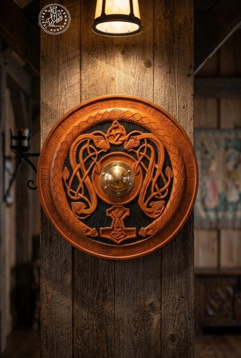 Handmade Viking Shield with Mjolnir & Runes – Wooden Norse Wall Decor