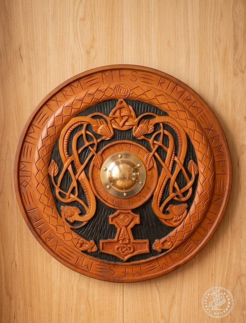 Handmade Viking Shield with Mjolnir & Runes – Wooden Norse Wall Decor