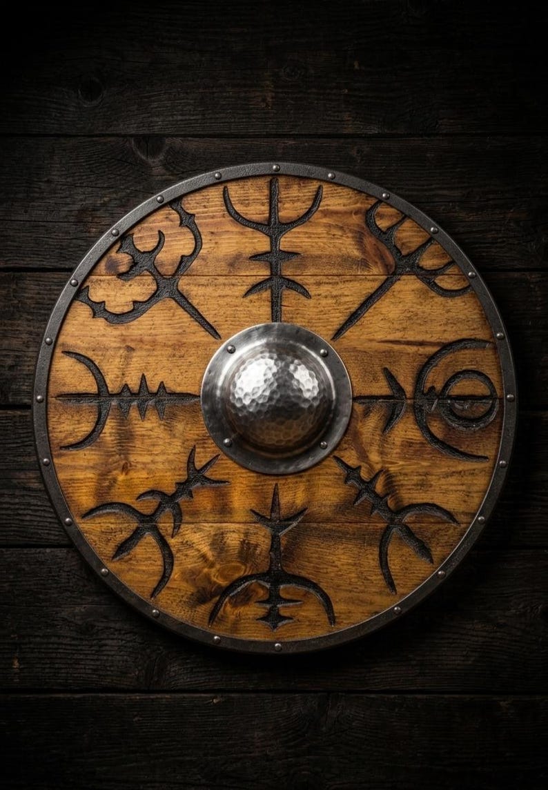 Viking Wooden Shield with Vegvisir – Norse Compass Wall Decor