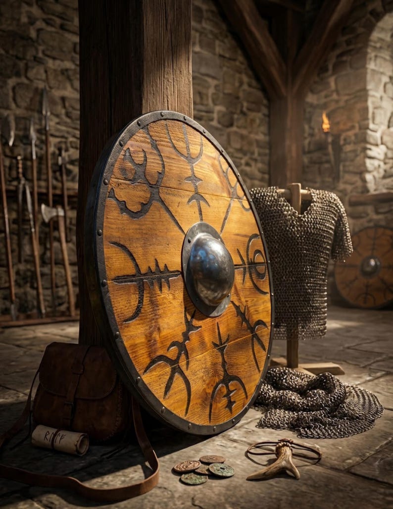 Viking Wooden Shield with Vegvisir – Norse Compass Wall Decor