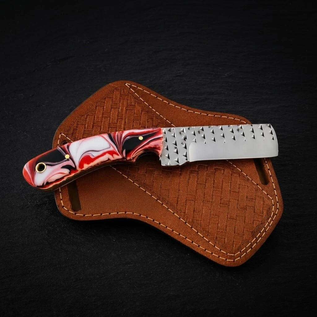 Ironcrest rasp steel cowboy bull cutter knife with resin handle and leather sheath
