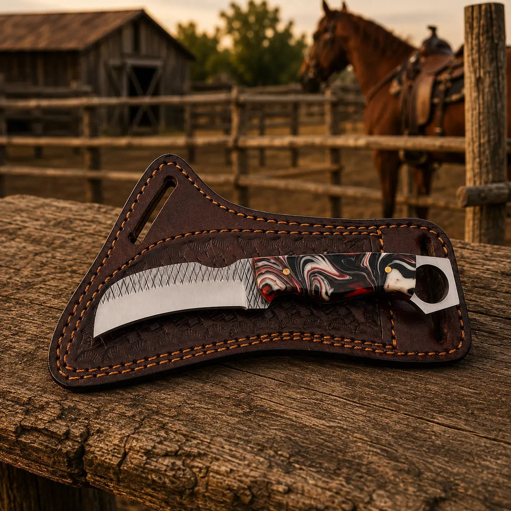 Ironhook Rasp Steel Hawkbill Knife – Resin Handle & Leather Sheath