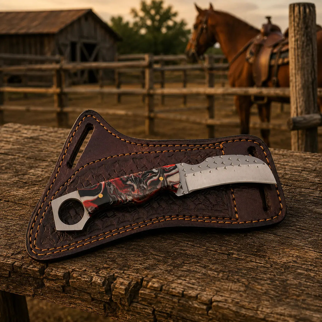 Ironhook Rasp Steel Hawkbill Knife – Resin Handle & Leather Sheath