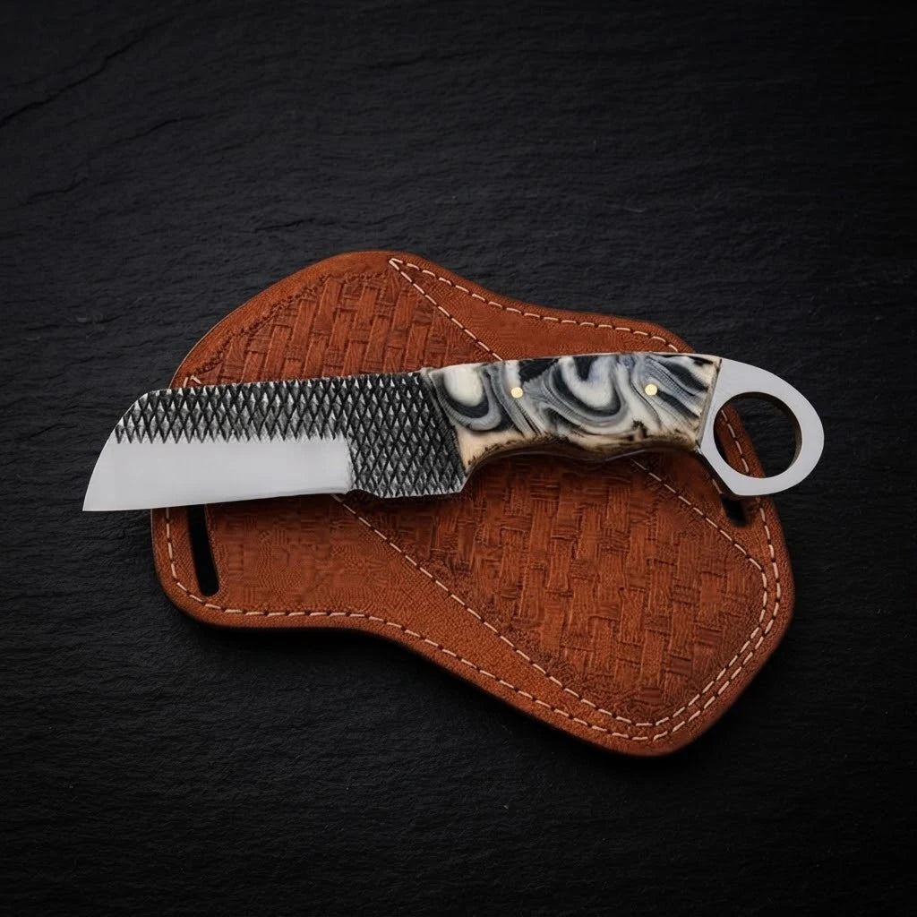 Ironranch bull cutter knife with cross-draw leather sheath