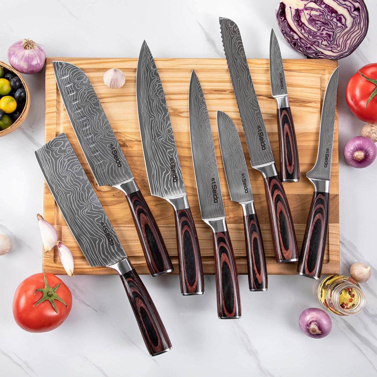 Japanese master chef kitchen knives displayed in a knife block