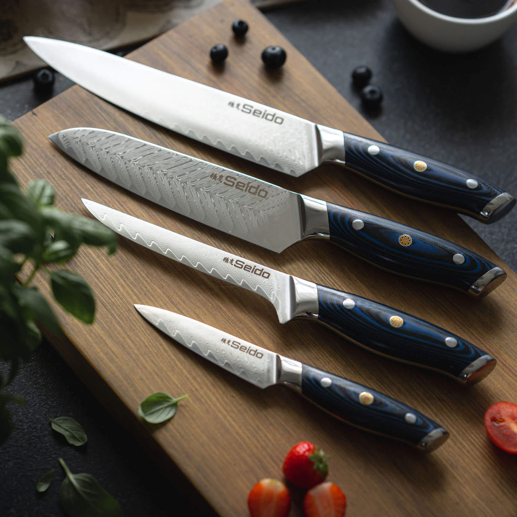 Kanpeki 4-piece Damascus knife set with blue wood and G10 handles