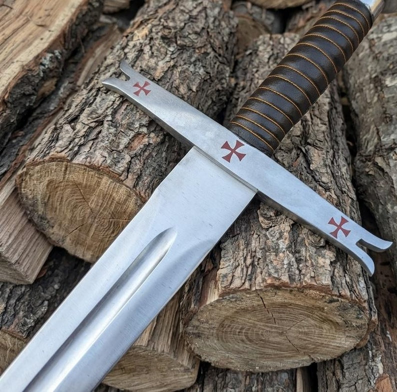 Leather-wrapped grip detail on the Templar sword