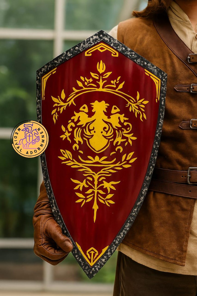 Medieval Heater Shield with red and gold heraldic design – 28-inch heater shield with metal fittings