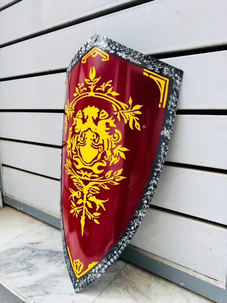 Medieval Heater Shield with red and gold heraldic design – 28-inch heater shield with metal fittings