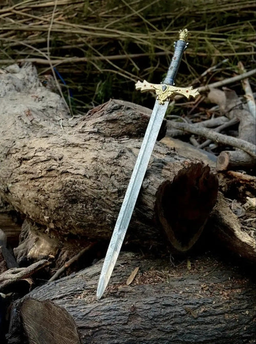 Custom engraved Damascus steel medieval knight sword with ornate gold guard and patterned steel blade for collection and display.