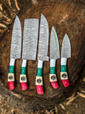Mexican flag knife set, 5 hand-forged Damascus steel knives with green, white and red handles