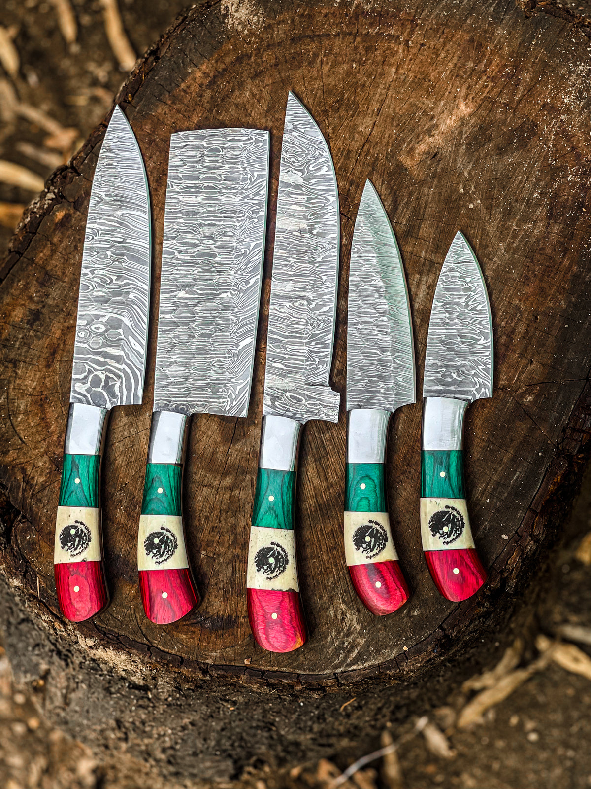Mexican flag knife set, 5 hand-forged Damascus steel knives with green, white and red handles