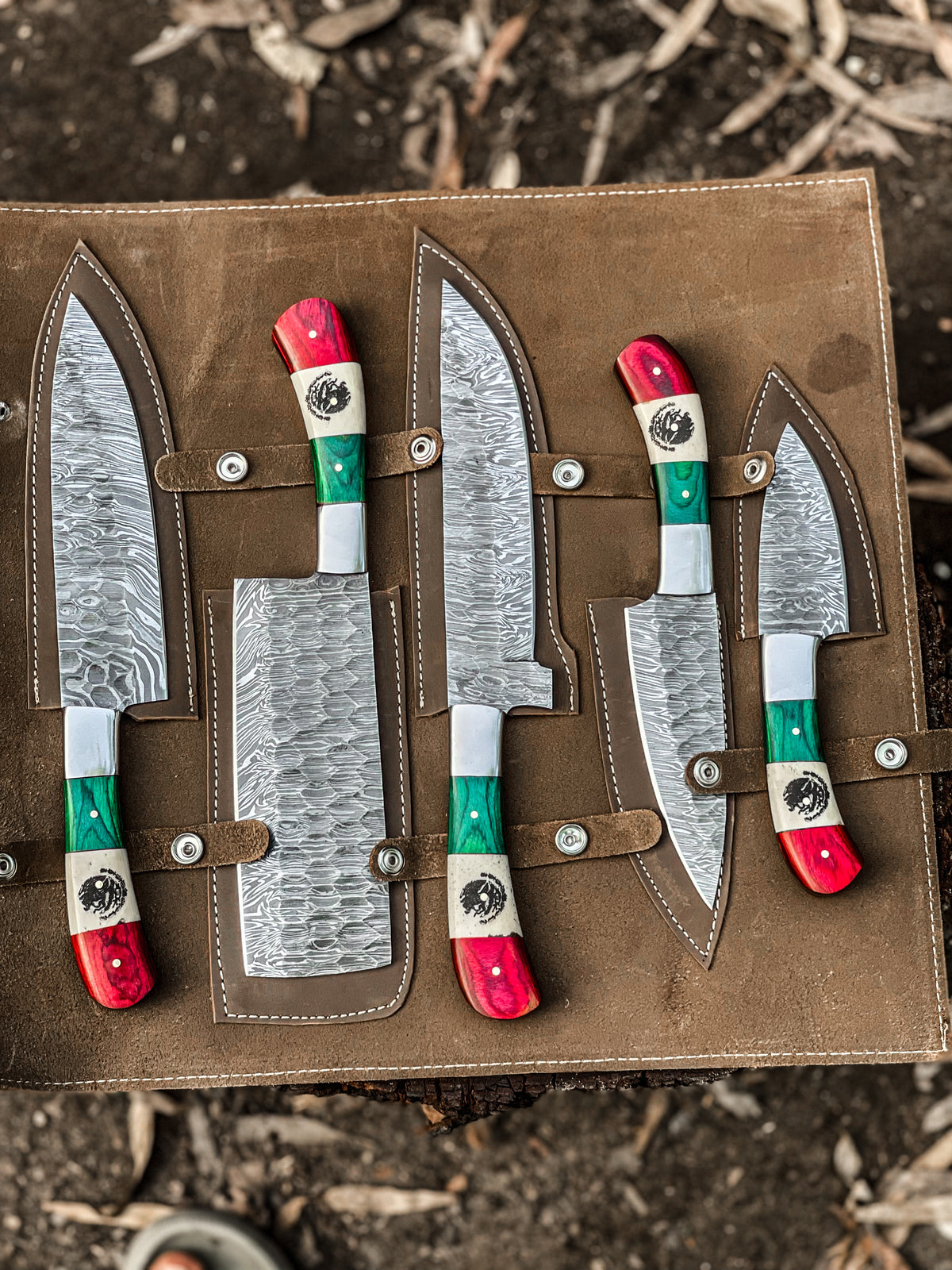Mexican flag Damascus chef knife, cleaver, carving, utility and paring knives