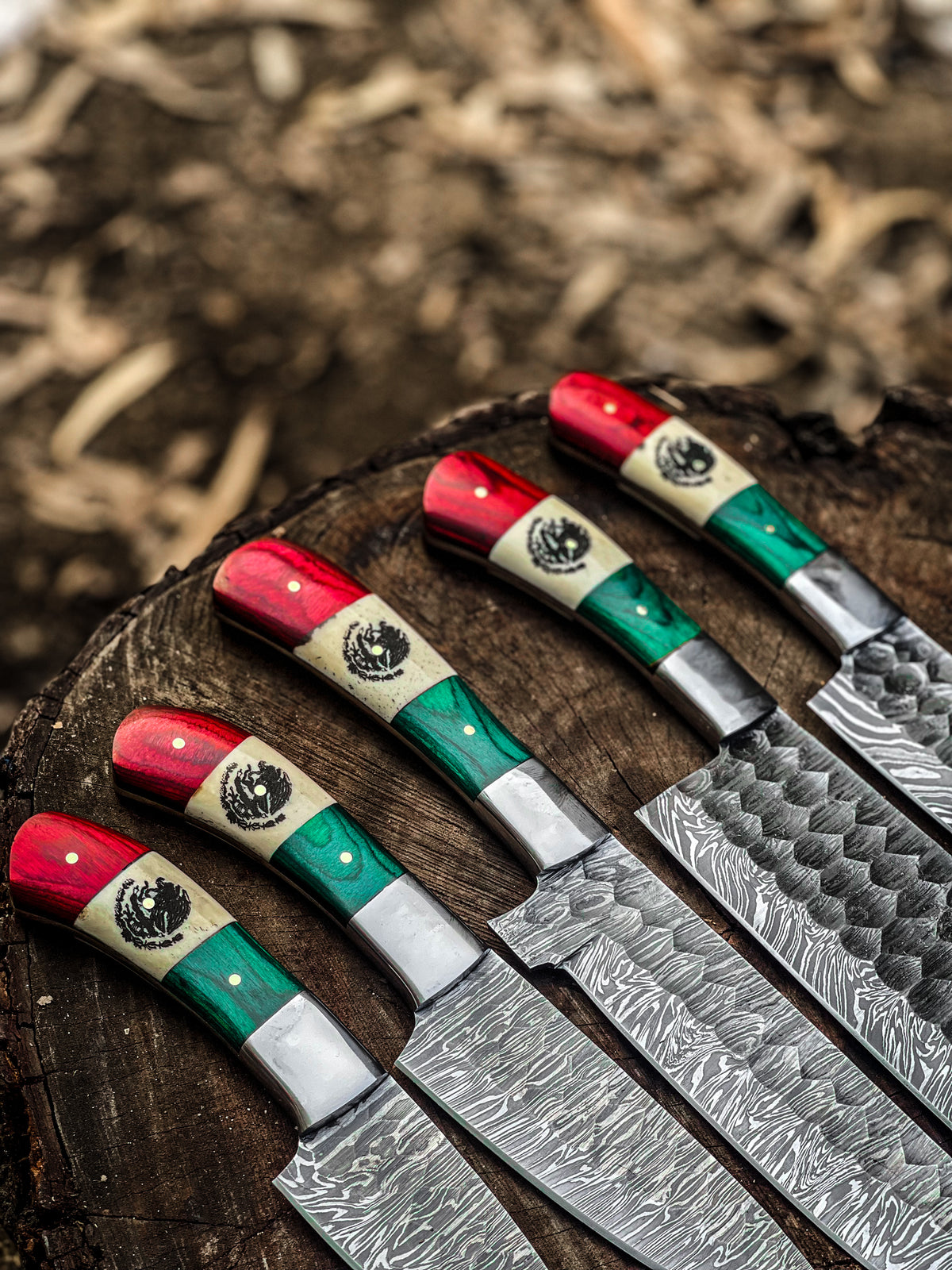 Mexican flag Damascus knife set stored in leather roll bag with individual sleeves