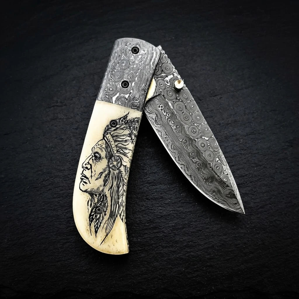 Native American scrimshaw camel bone Damascus folding knife – photo 1