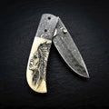 Native American scrimshaw camel bone Damascus folding knife – photo 1