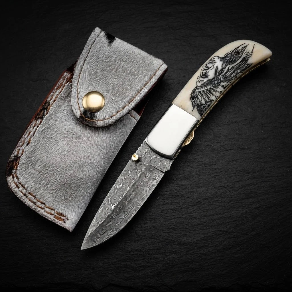 Native American scrimshaw camel bone Damascus folding knife – photo 2