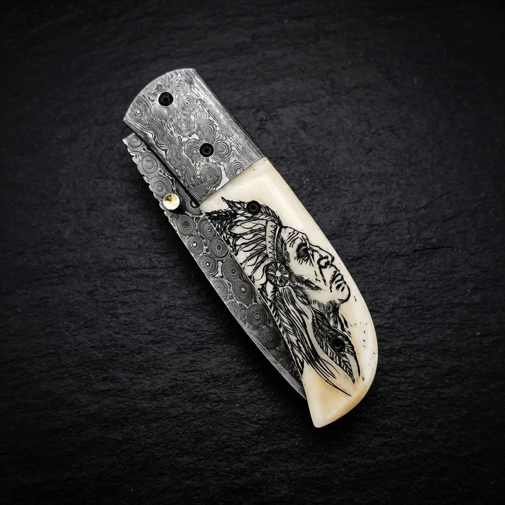 Native American scrimshaw camel bone Damascus folding knife – photo 4