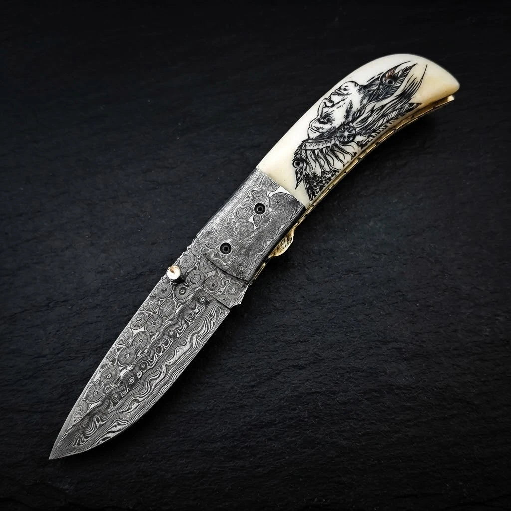 Native American scrimshaw camel bone Damascus folding knife – photo 5