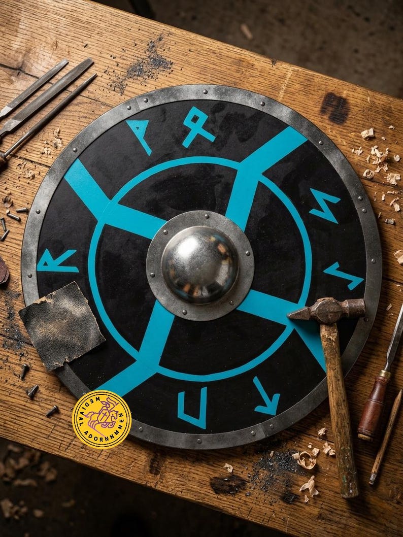 Norse Rune-Pattern Viking Shield wooden wall art – sturdy metal boss and fittings