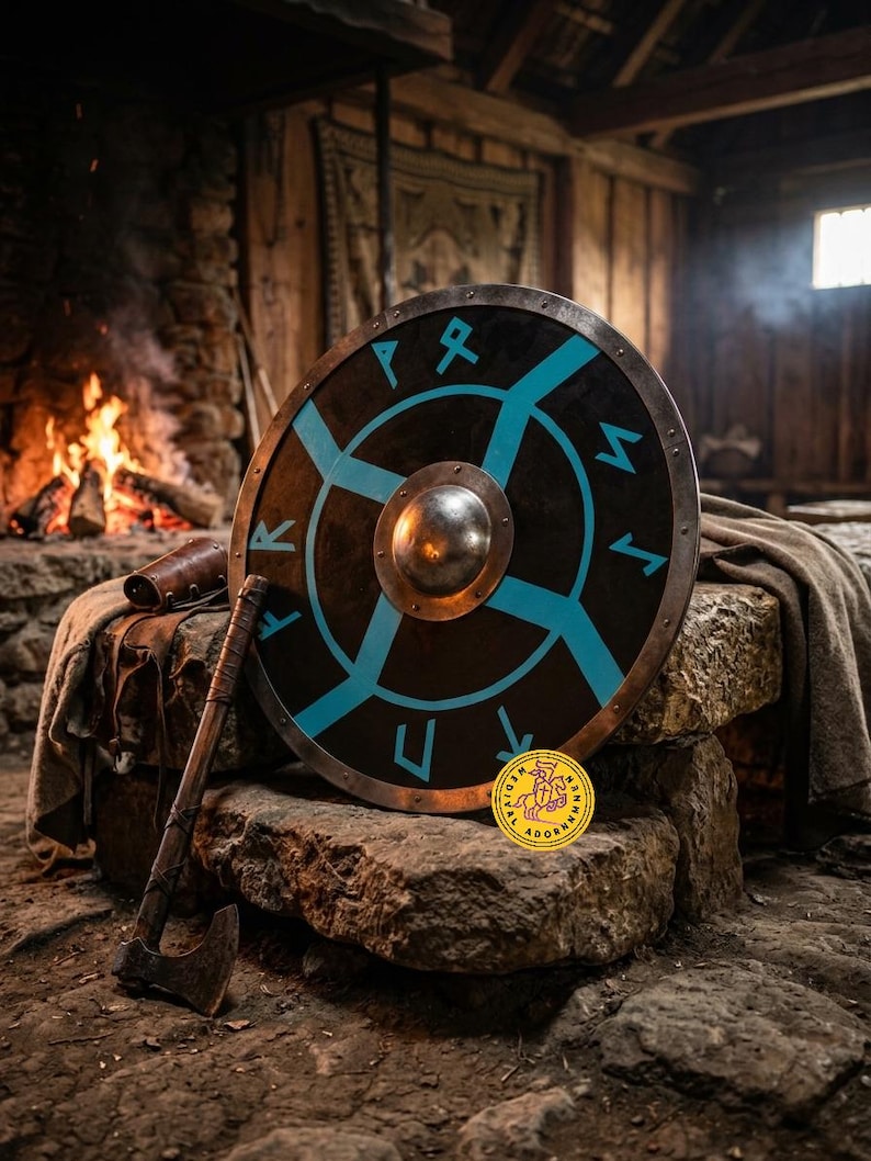 Norse Rune-Pattern Viking Shield wooden wall art – rune-inspired carved pattern design