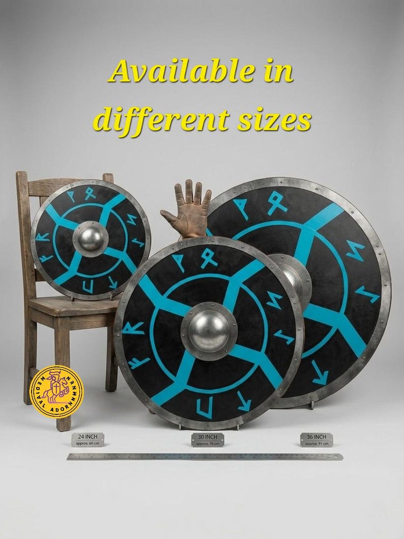 Norse Rune-Pattern Viking Shield wooden wall art – sturdy metal boss and fittings