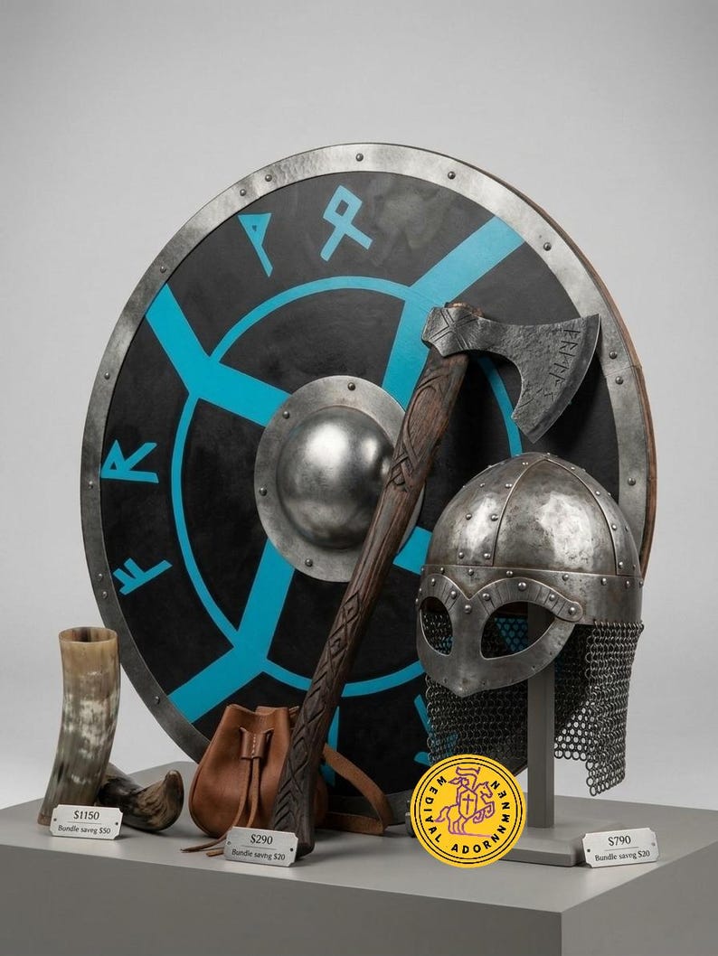 Norse Rune-Pattern Viking Shield wooden wall art – hand-painted rugged battle-worn finish