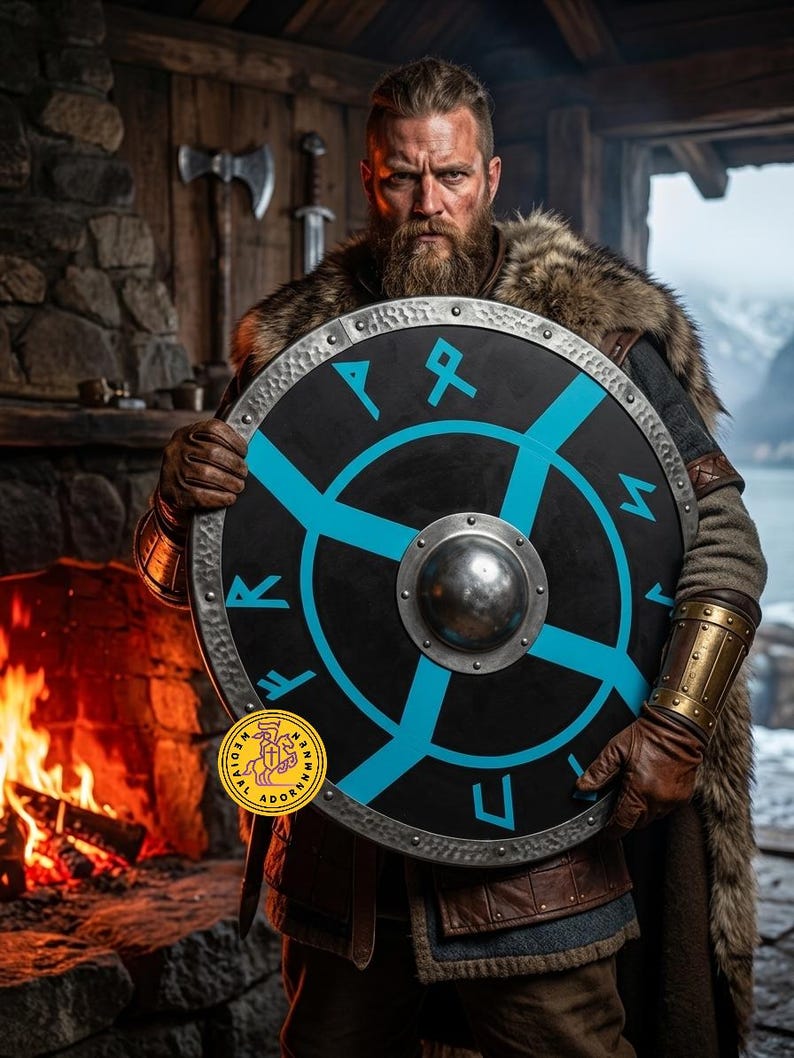 Norse Rune-Pattern Viking Shield wooden wall art – hand-painted rugged battle-worn finish