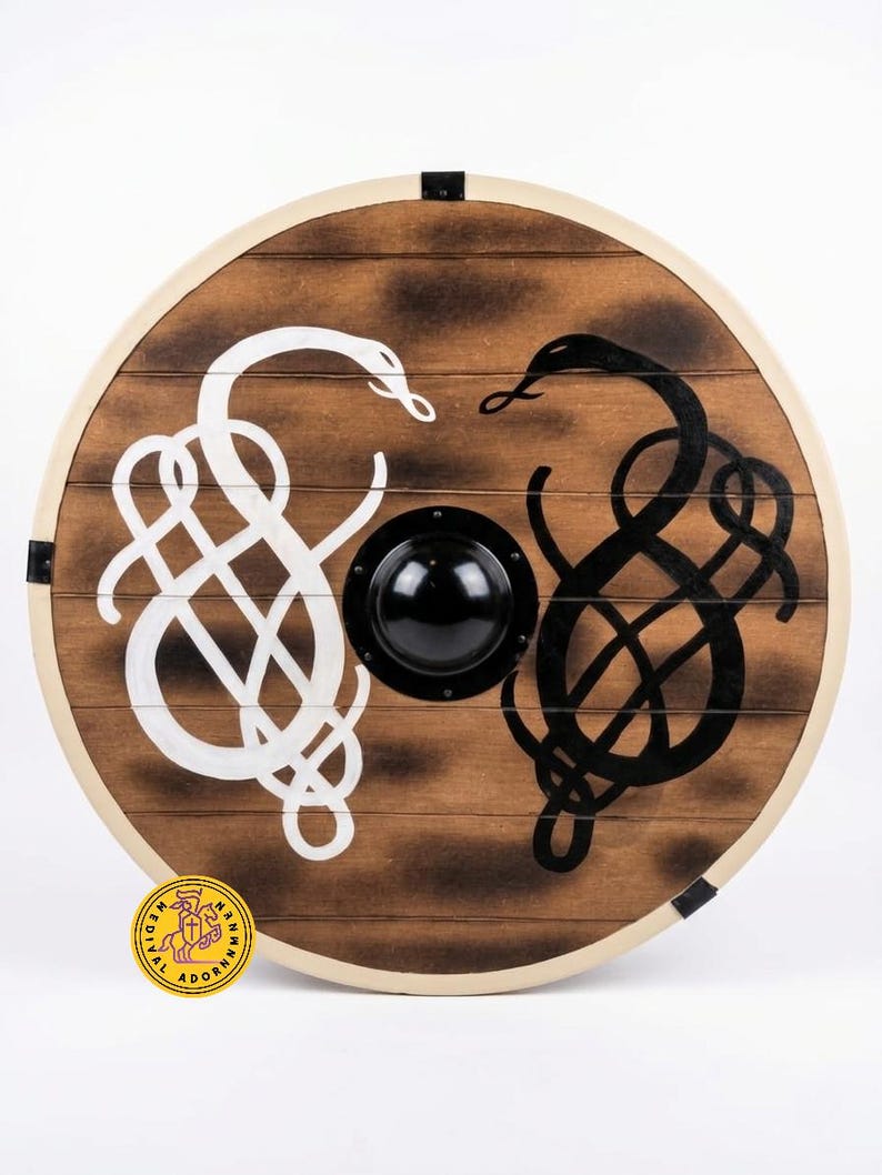 Norse Serpent Wooden Viking Shield, hand-painted decor