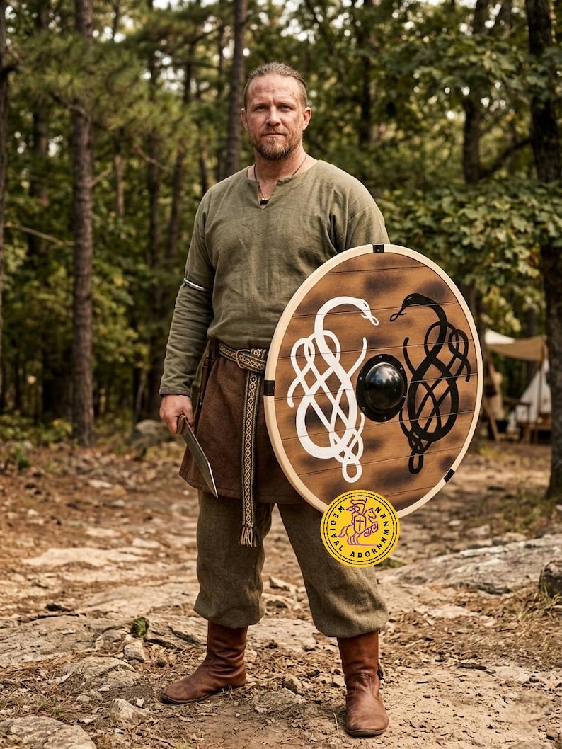 Norse Serpent Wooden Viking Shield, hand-painted decor – dual serpent design in black-and-white tones