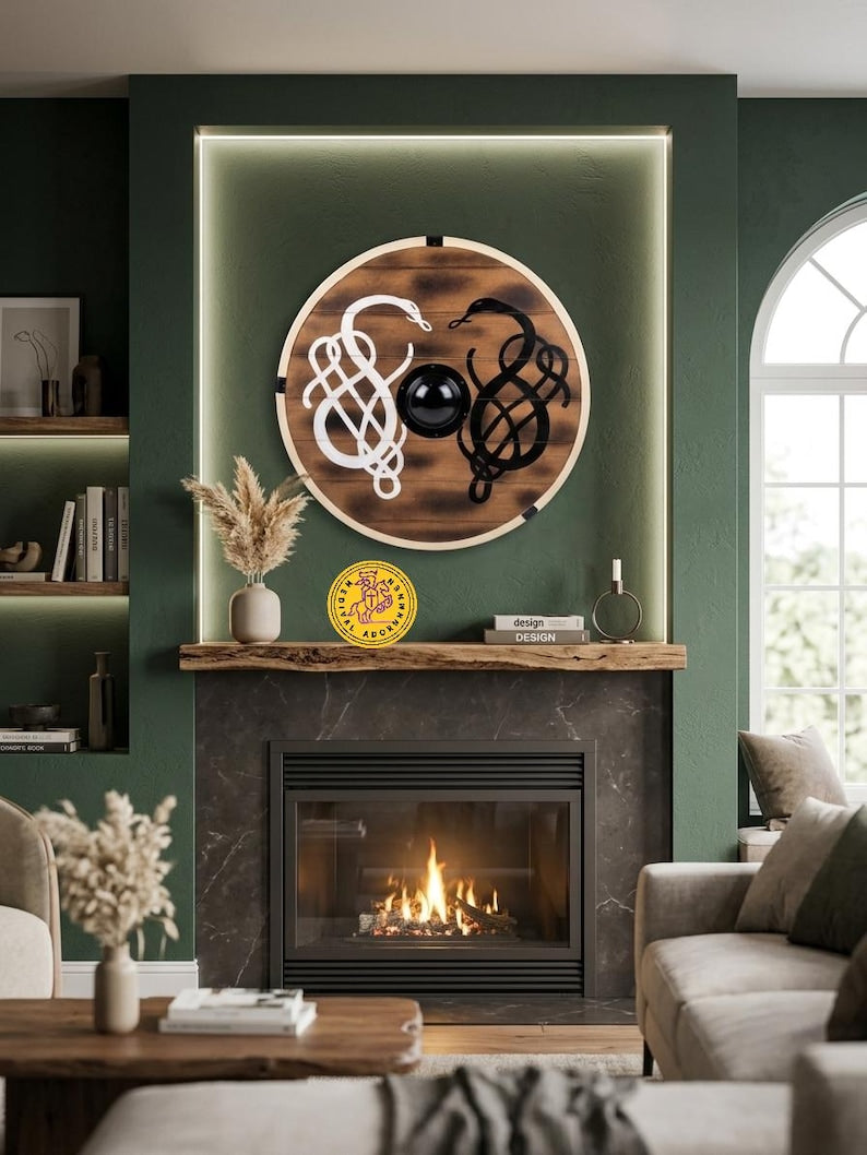 Norse Serpent Wooden Viking Shield, hand-painted decor – hand-painted distressed battle-worn finish