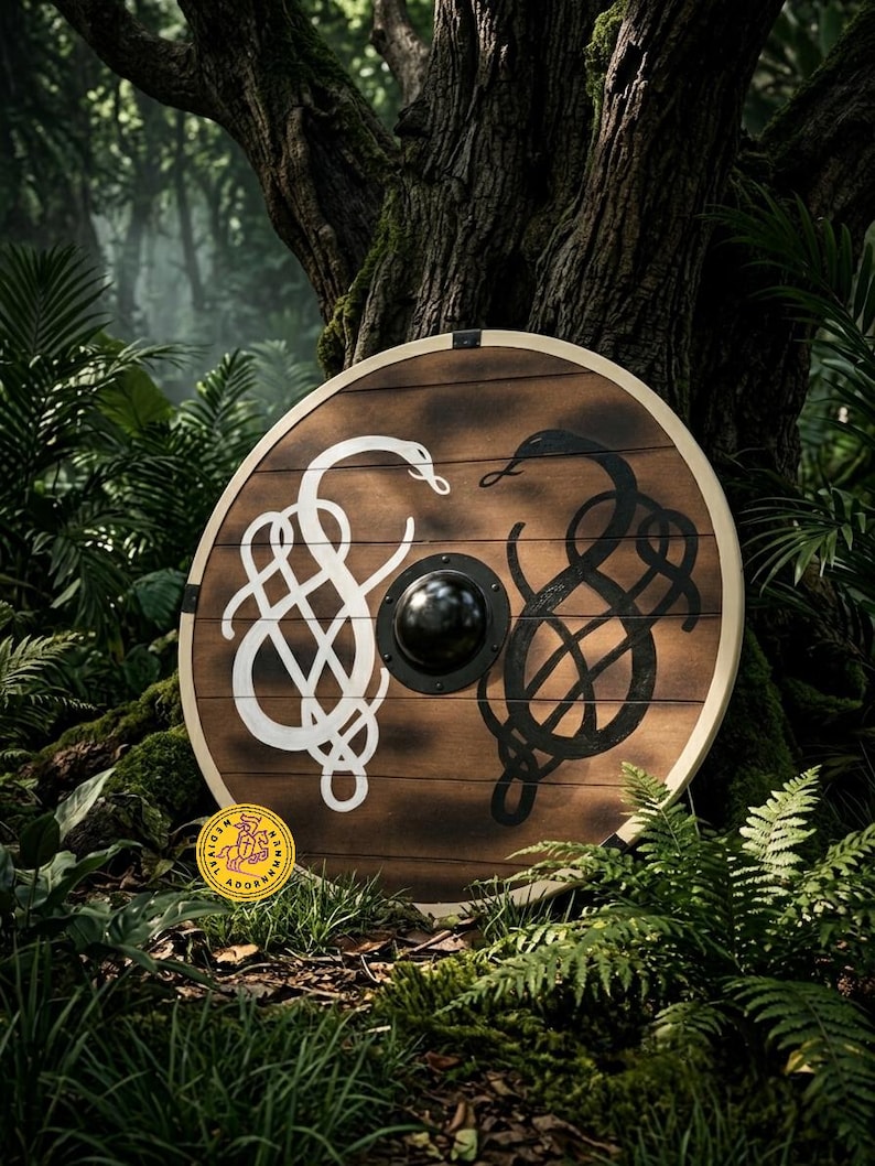 Norse Serpent Wooden Viking Shield, hand-painted decor – dual serpent design in black-and-white tones