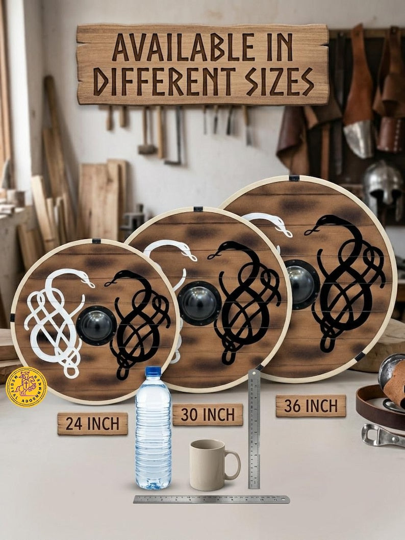 Norse Serpent Wooden Viking Shield, hand-painted decor – strong metal boss and fittings