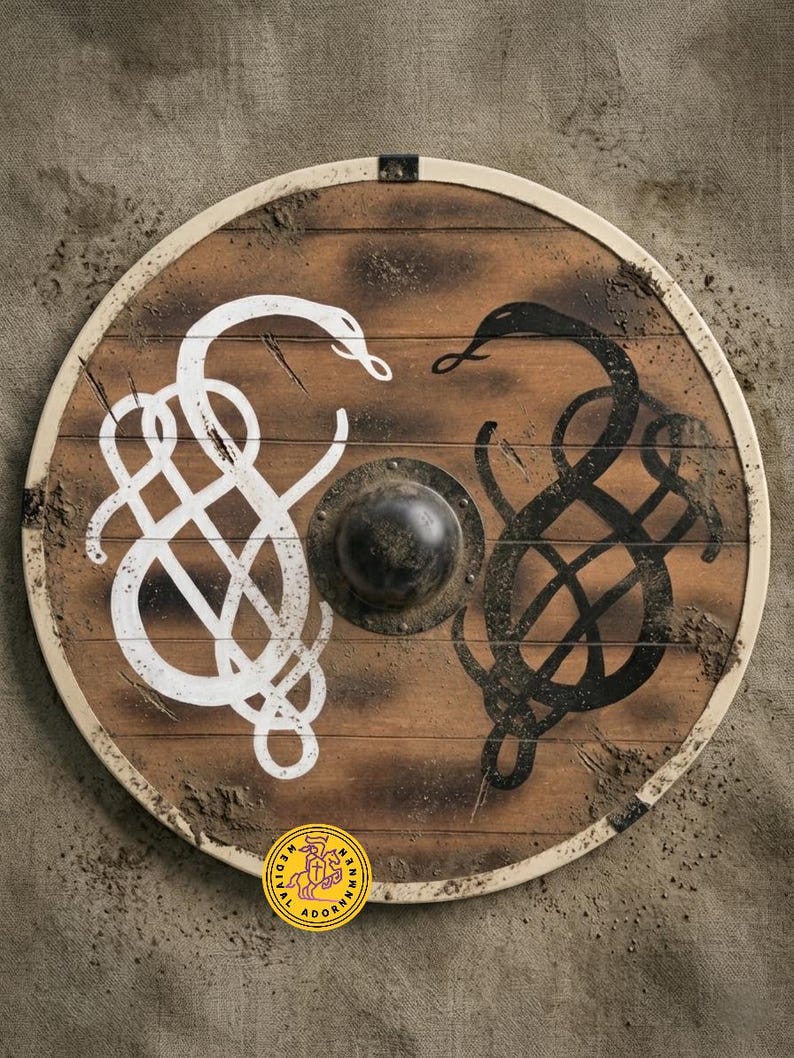 Norse Serpent Wooden Viking Shield, hand-painted decor – hand-painted distressed battle-worn finish