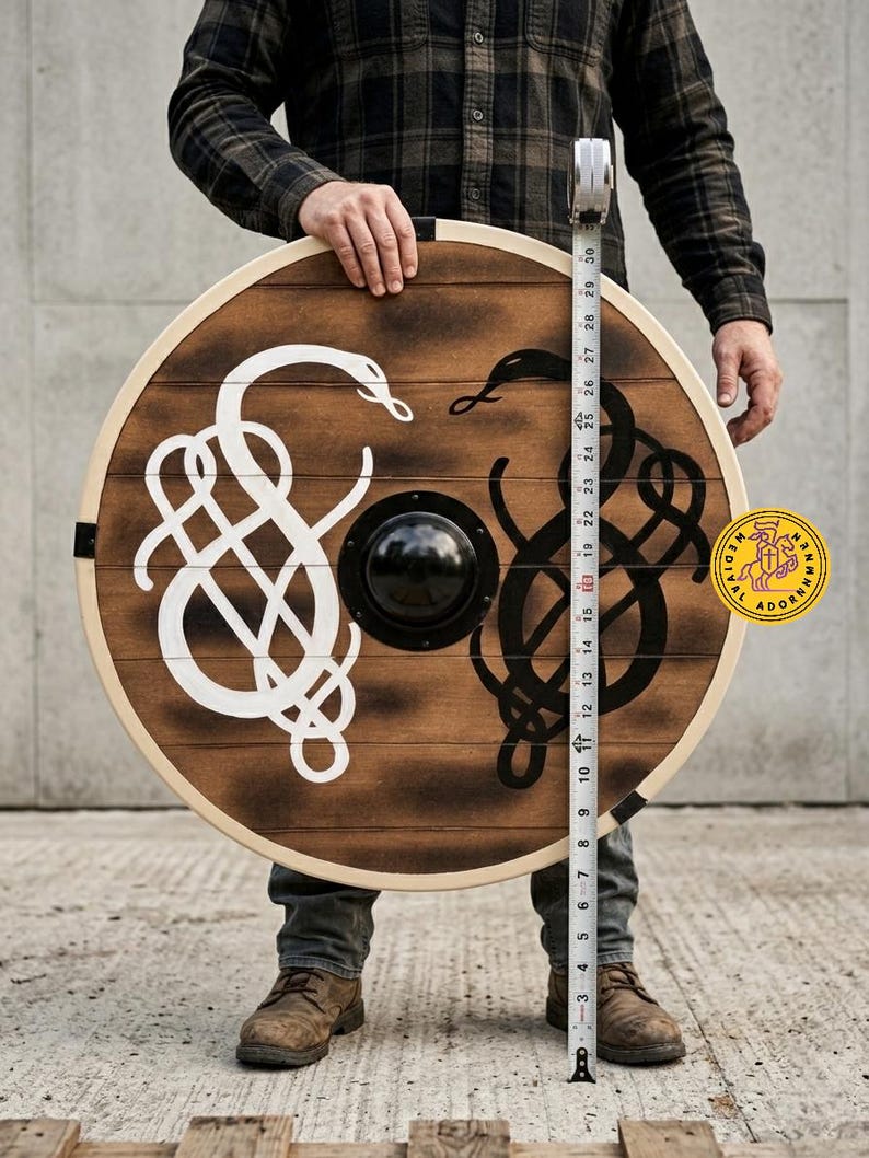 Norse Serpent Wooden Viking Shield, hand-painted decor – strong metal boss and fittings