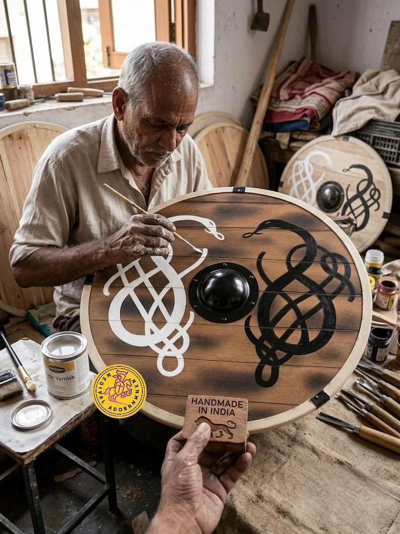 Norse Serpent Wooden Viking Shield, hand-painted decor – hand-painted distressed battle-worn finish