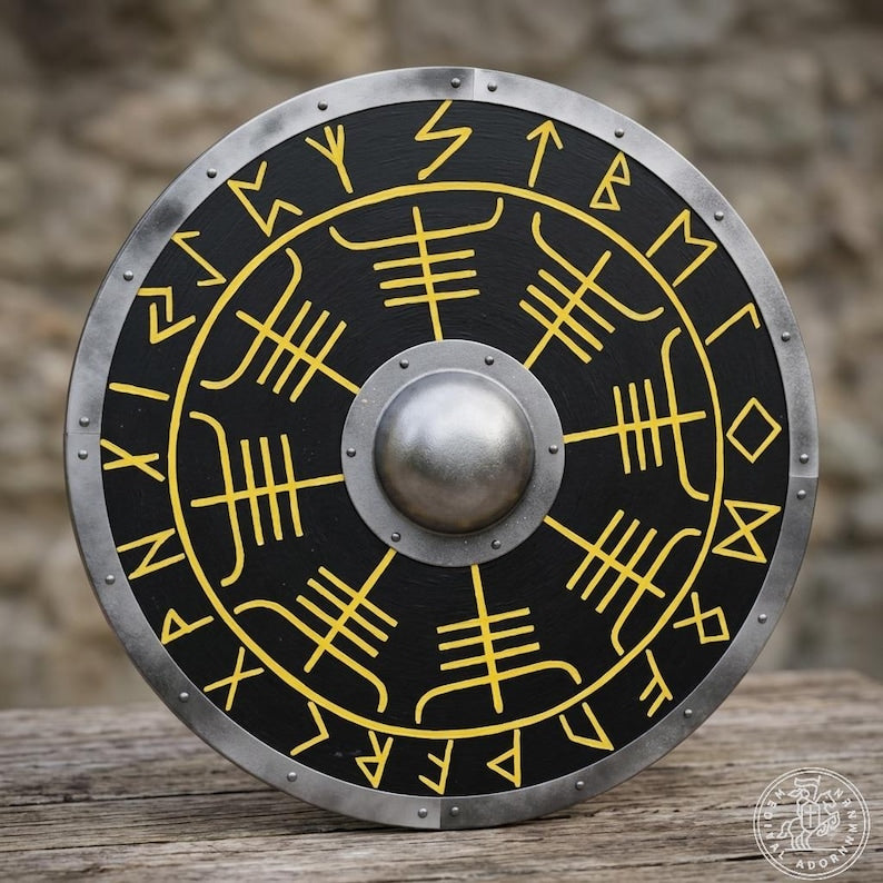 Norse Vegvisir Runes Shield, handmade wooden round shield