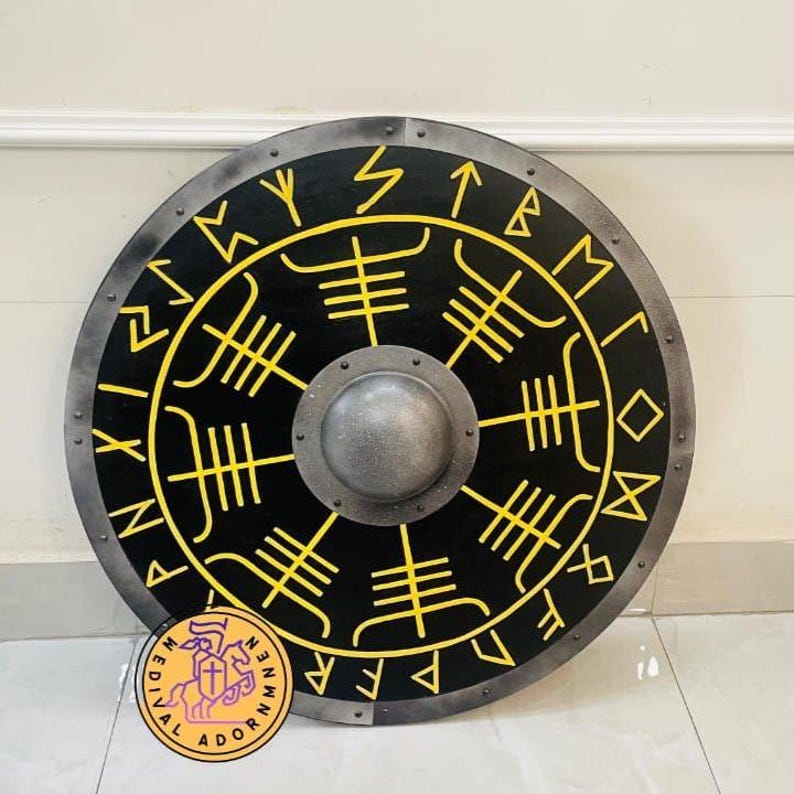 Norse Vegvisir Runes Shield, handmade wooden round shield – Vegvisir compass and rune design