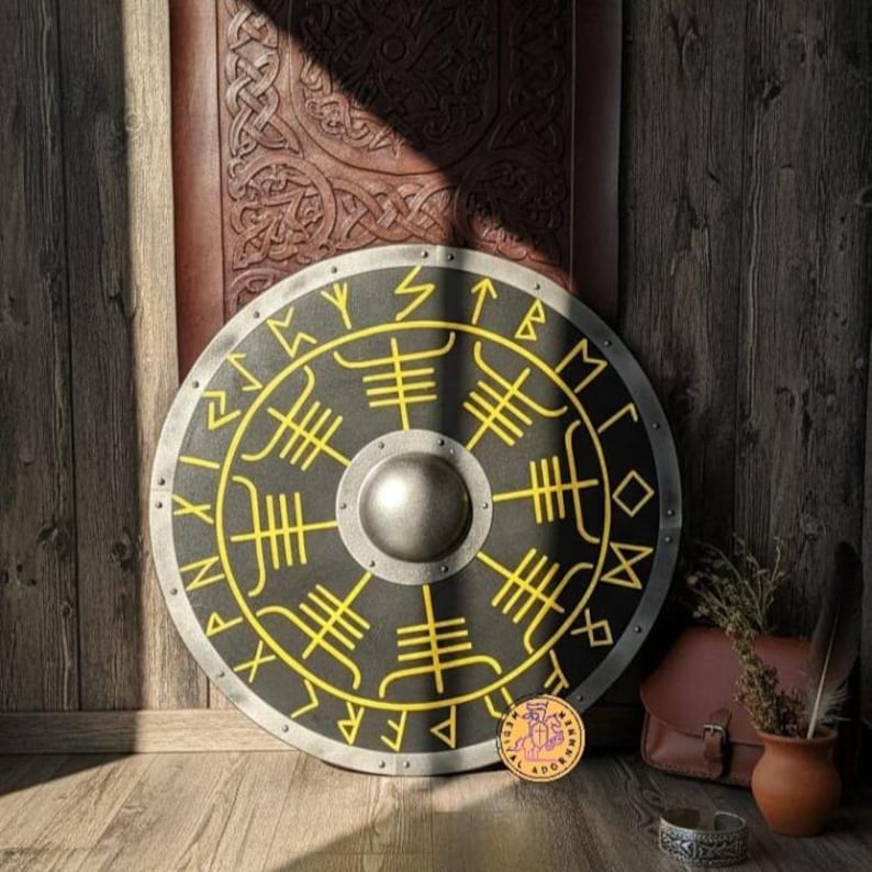 Norse Vegvisir Runes Shield, handmade wooden round shield – brushed steel accents with natural wood grain