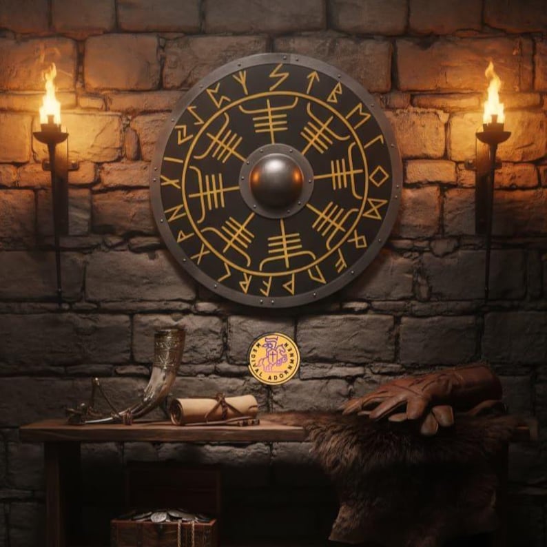 Norse Vegvisir Runes Shield, handmade wooden round shield – hand-painted weathered finish