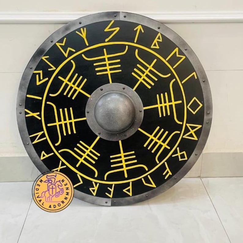 Norse Vegvisir Runes Shield, handmade wooden round shield – Vegvisir compass and rune design