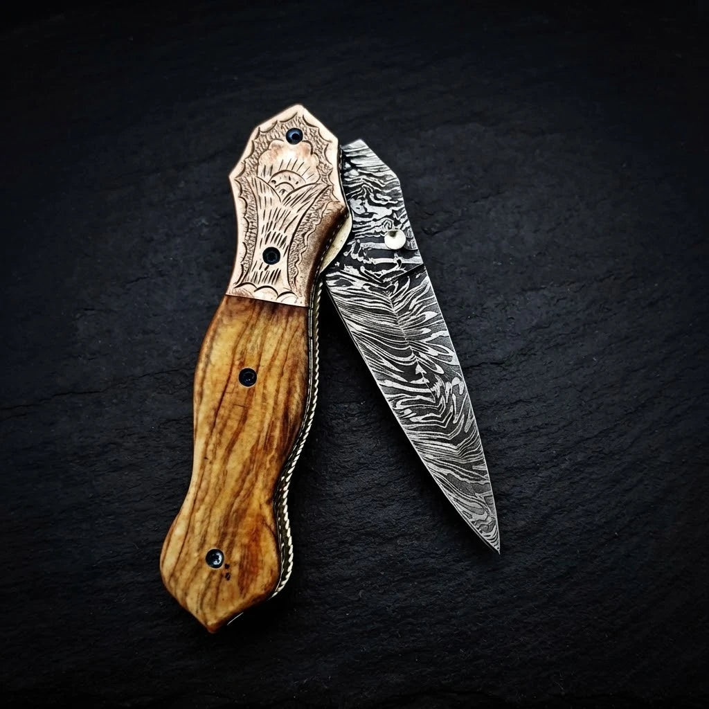 Olive burl wood Damascus dagger folding knife with copper bolster – photo 1