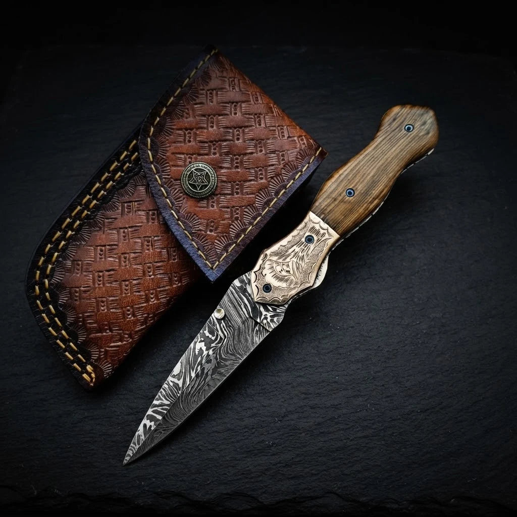 Olive burl wood Damascus dagger folding knife with copper bolster – photo 2