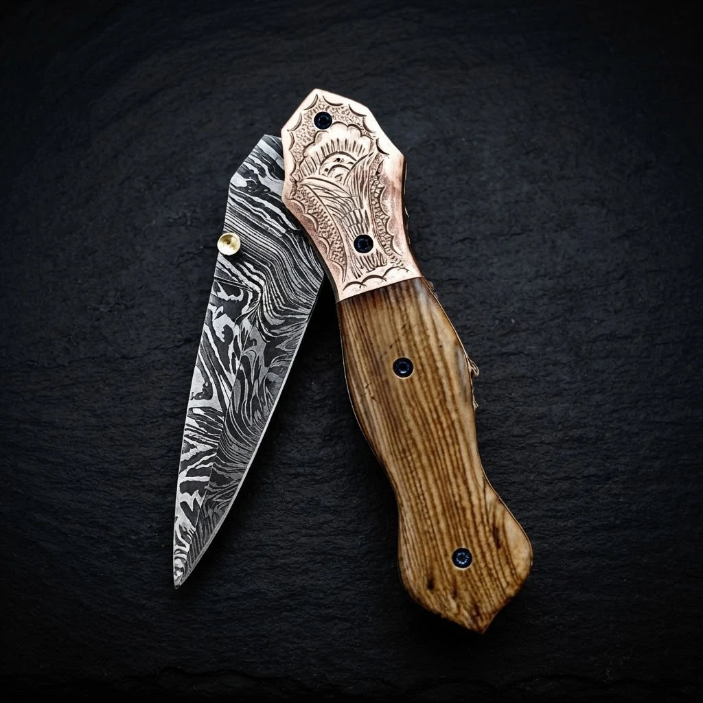 Olive burl wood Damascus dagger folding knife with copper bolster – photo 3