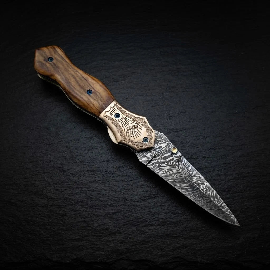 Olive burl wood Damascus dagger folding knife with copper bolster – photo 5